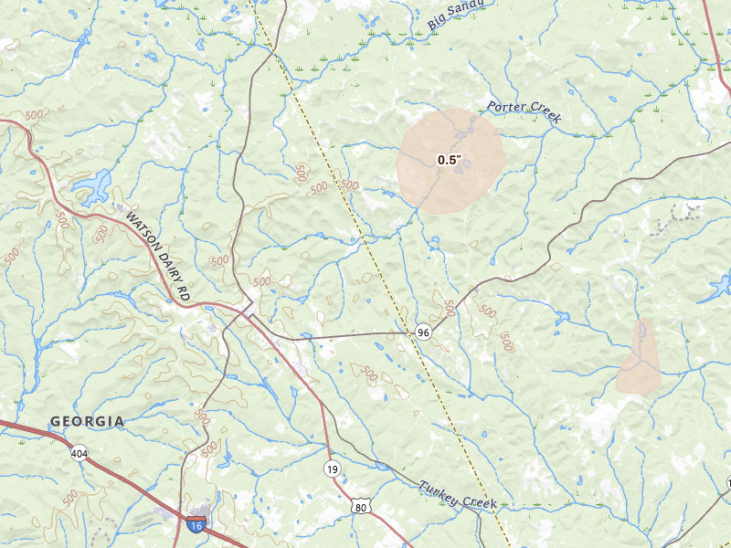 Radar-estimated hail-size map of the storm over Jeffersonville, GA on Jul 12, 2026