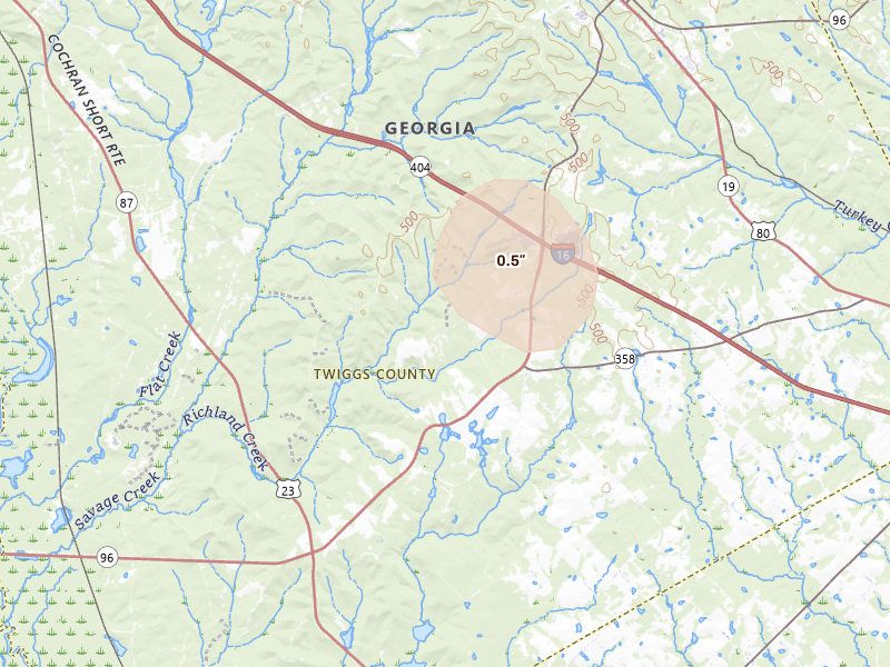 Radar-estimated hail-size map of the storm over Jeffersonville, GA on Aug 16, 2026