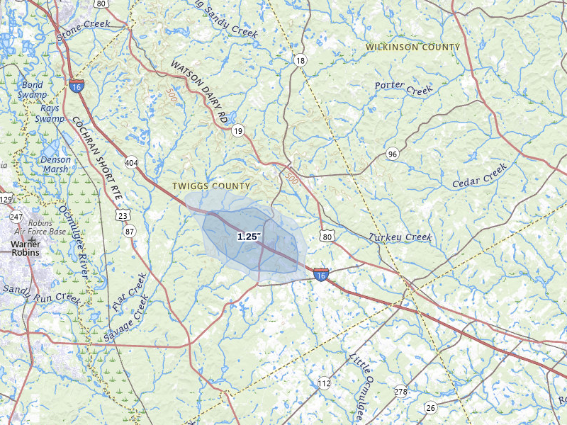 NEXRAD radar-signature map of the hail storm over Jeffersonville, GA on Aug 16, 2026