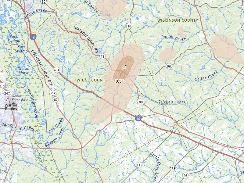 Radar-estimated hail-size map of the storm over Jeffersonville, GA on Aug 21, 2026