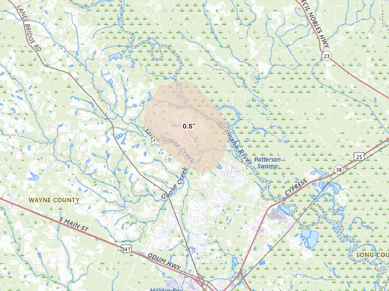 Radar-estimated hail-size map of the storm over Jesup, GA on Jun 12, 2026