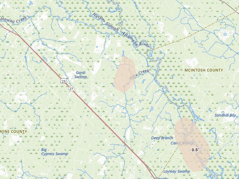 Radar-estimated hail-size map of the storm over Jesup, GA on Jun 29, 2026
