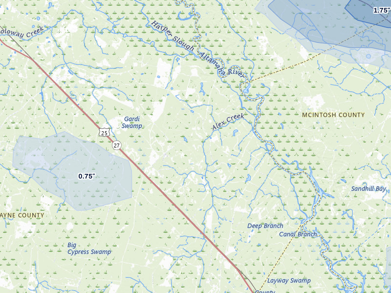 NEXRAD radar-signature map of the hail storm over Jesup, GA on Jul 29, 2026