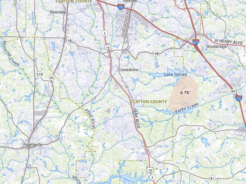 Radar-estimated hail-size map of the storm over Jonesboro, GA on May 21, 2026