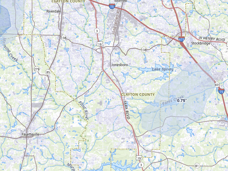 NEXRAD radar-signature map of the hail storm over Jonesboro, GA on Jul 3, 2026