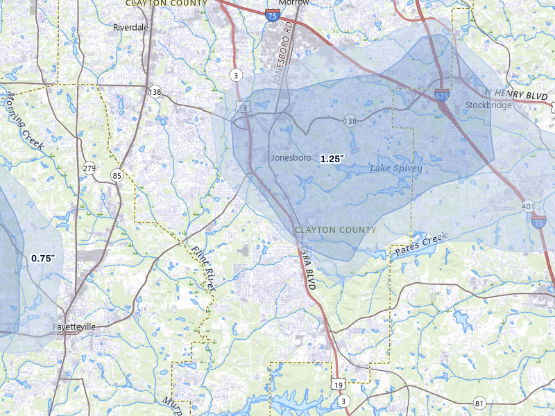 NEXRAD radar-signature map of the hail storm over Jonesboro, GA on Jul 5, 2026