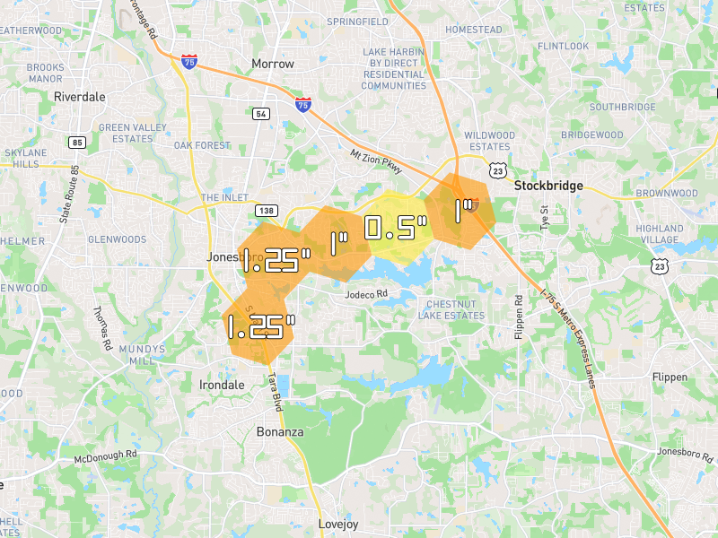 Hail map of Jonesboro, GA on Jul 5, 2026, hail up to 1.25"