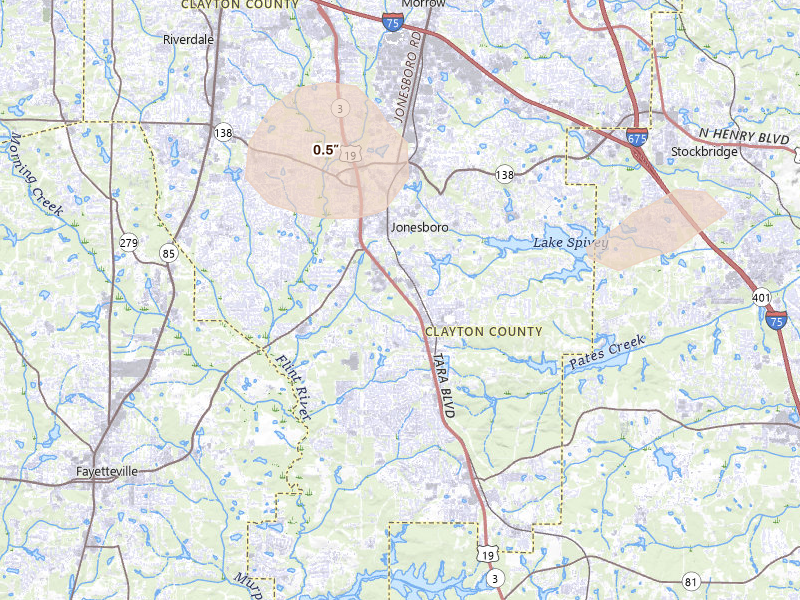 Radar-estimated hail-size map of the storm over Jonesboro, GA on Jul 10, 2026