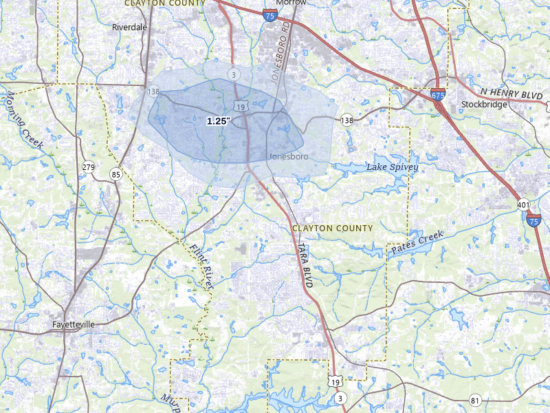 NEXRAD radar-signature map of the hail storm over Jonesboro, GA on Jul 10, 2026