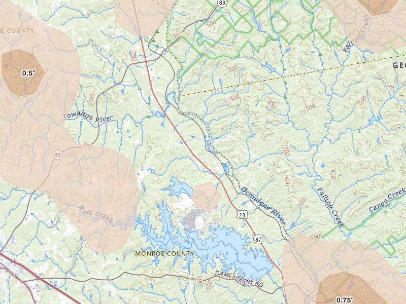 Radar-estimated hail-size map of the storm over Juliette, GA on May 17, 2026