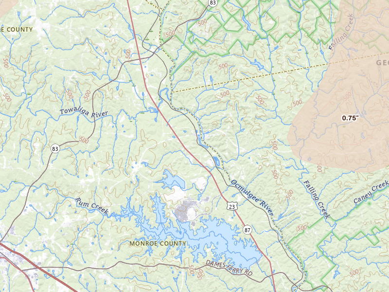 Radar-estimated hail-size map of the storm over Juliette, GA on Jul 9, 2026