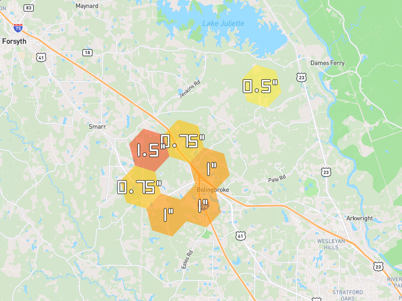 Hail map of Juliette, GA on Jul 9, 2026, hail up to 1.5"