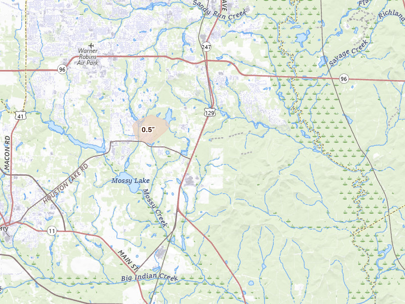 Radar-estimated hail-size map of the storm over Kathleen, GA on Jul 12, 2026