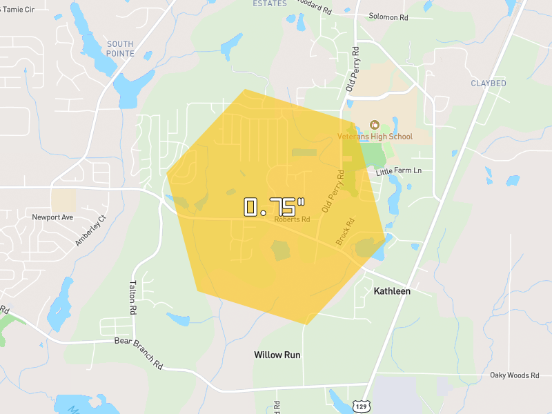 Hail map of Kathleen, GA on Jul 12, 2026, hail up to 0.75"