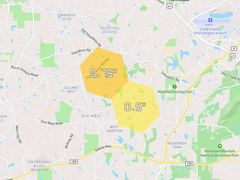 Hail map of Kennesaw, GA on Jul 1, 2026, hail up to 0.75"