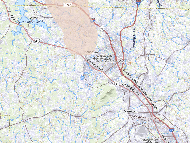 Radar-estimated hail-size map of the storm over Kennesaw, GA on Jul 3, 2026