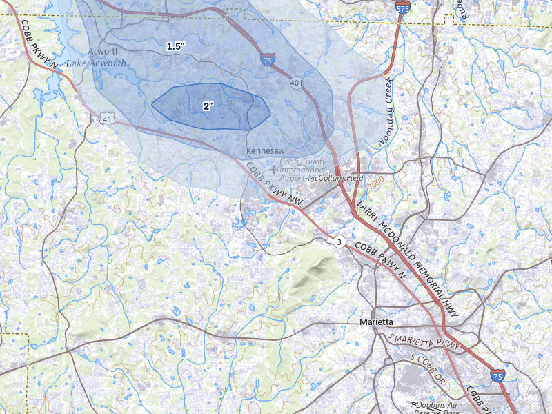 NEXRAD radar-signature map of the hail storm over Kennesaw, GA on Jul 3, 2026