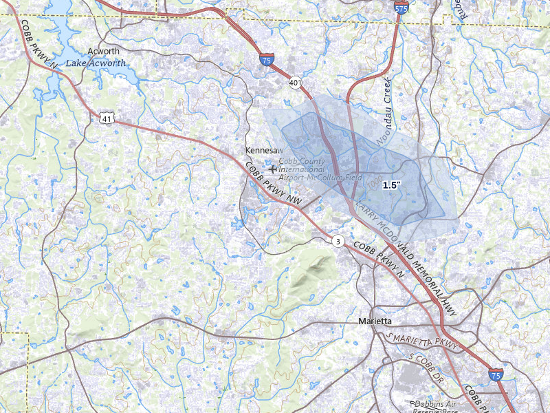 NEXRAD radar-signature map of the hail storm over Kennesaw, GA on Jul 9, 2026