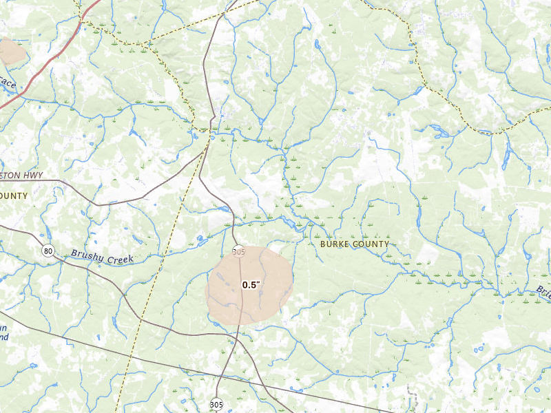 Radar-estimated hail-size map of the storm over Keysville, GA on Aug 21, 2026