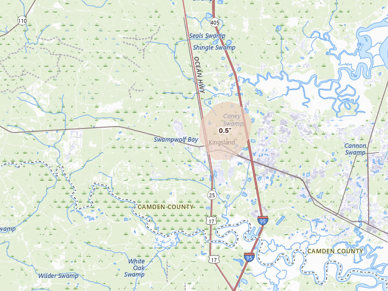 Radar-estimated hail-size map of the storm over Kingsland, GA on Aug 9, 2026