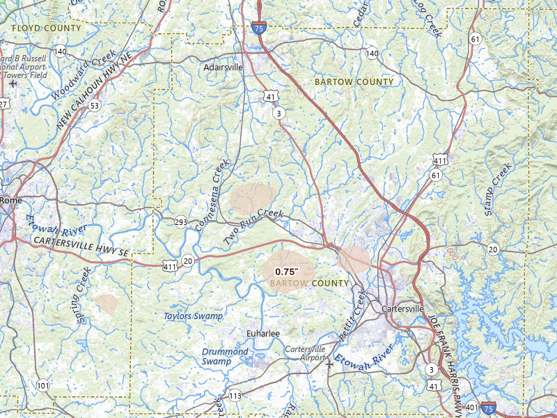 Radar-estimated hail-size map of the storm over Kingston, GA on Jun 9, 2026