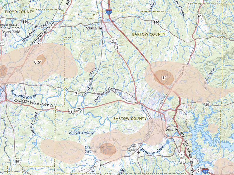 Radar-estimated hail-size map of the storm over Kingston, GA on Jul 3, 2026