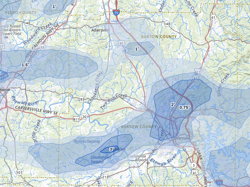 NEXRAD radar-signature map of the hail storm over Kingston, GA on Jul 3, 2026