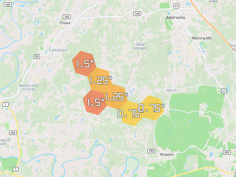 Hail map of Kingston, GA on Jul 3, 2026, hail up to 1.5"