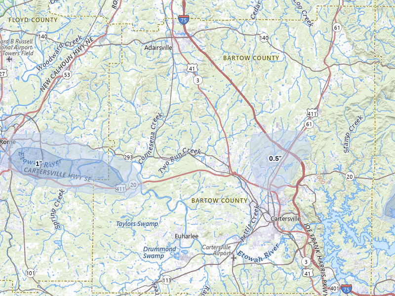 NEXRAD radar-signature map of the hail storm over Kingston, GA on Jul 11, 2026