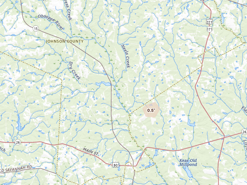 Radar-estimated hail-size map of the storm over Kite, GA on May 23, 2026