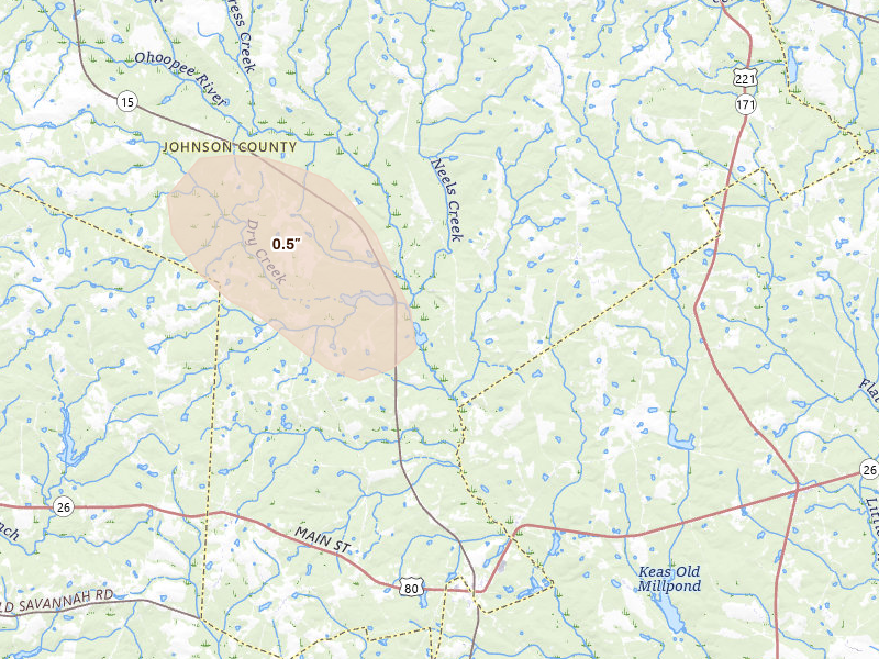 Radar-estimated hail-size map of the storm over Kite, GA on Jul 27, 2026