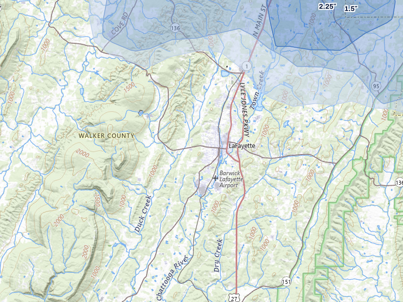 NEXRAD radar-signature map of the hail storm over La Fayette, GA on Jul 3, 2026