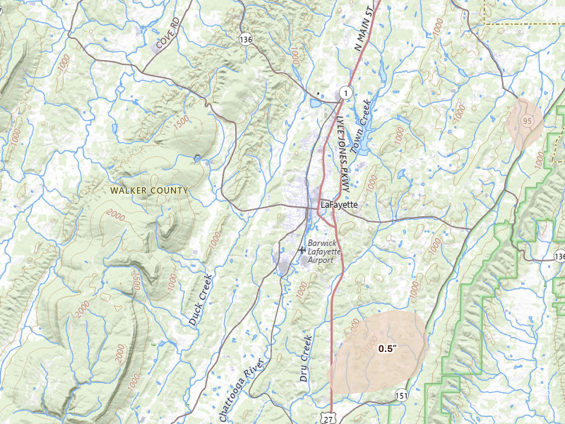 Radar-estimated hail-size map of the storm over La Fayette, GA on Jul 4, 2026