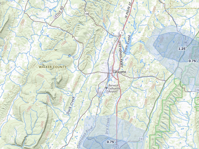 NEXRAD radar-signature map of the hail over La Fayette, GA