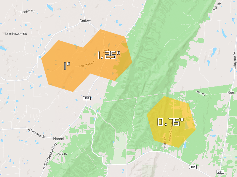 Hail map of La Fayette, GA on Jul 5, 2026, hail up to 1.25"
