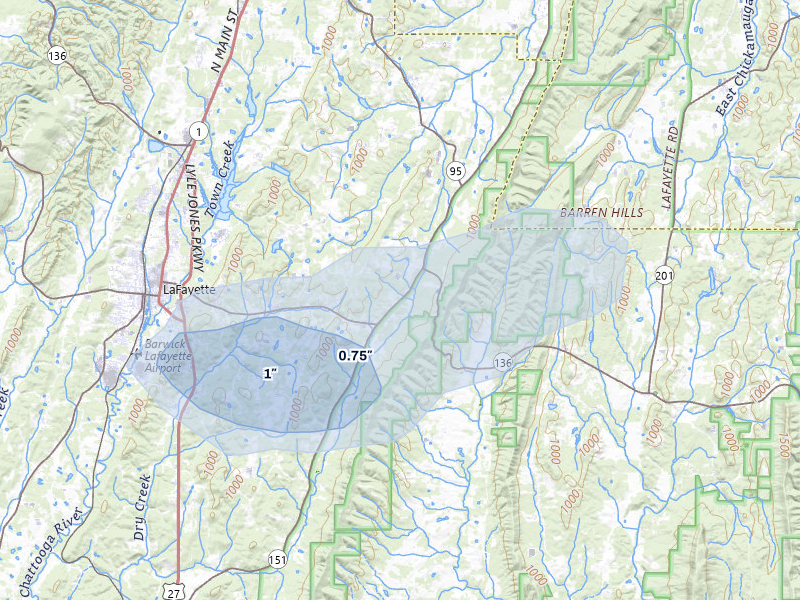NEXRAD radar-signature map of the hail storm over La Fayette, GA on Aug 5, 2026