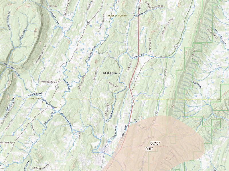Radar-estimated hail-size map of the storm over La Fayette, GA