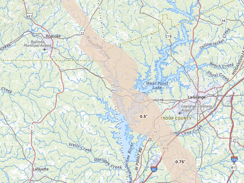 Radar-estimated hail-size map of the storm over Lagrange, GA on Jun 1, 2026