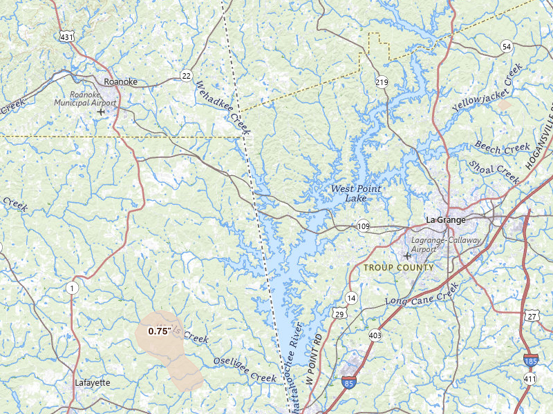 Radar-estimated hail-size map of the storm over Lagrange, GA on Jun 9, 2026
