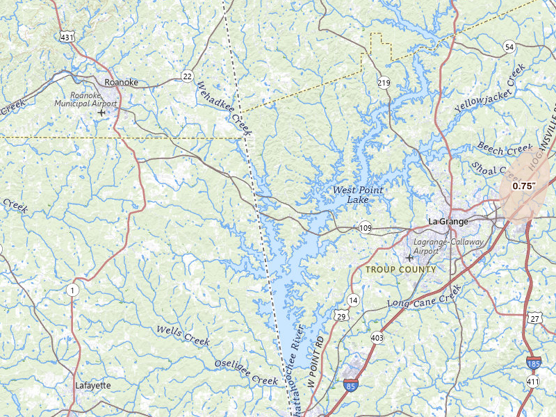 Radar-estimated hail-size map of the storm over Lagrange, GA on Jul 5, 2026