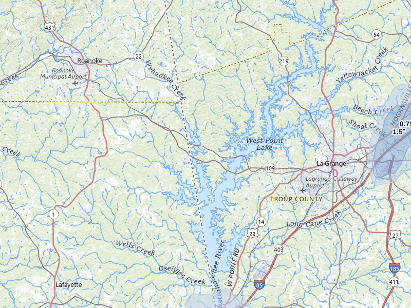 NEXRAD radar-signature map of the hail storm over Lagrange, GA on Jul 5, 2026