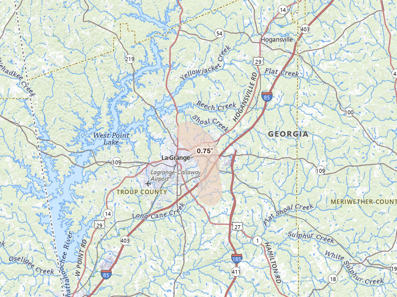 Radar-estimated hail-size map of the storm over Lagrange, GA on Aug 6, 2026