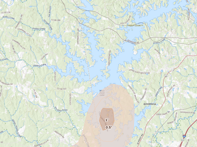 Radar-estimated hail-size map of the storm over Lagrange, GA