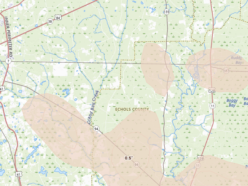 Radar-estimated hail-size map of the storm over Lake Park, GA on May 17, 2026