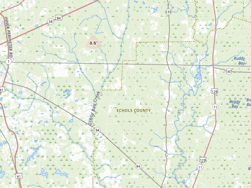 Radar-estimated hail-size map of the storm over Lake Park, GA on Jun 14, 2026