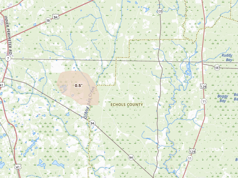 Radar-estimated hail-size map of the storm over Lake Park, GA on Jun 23, 2026
