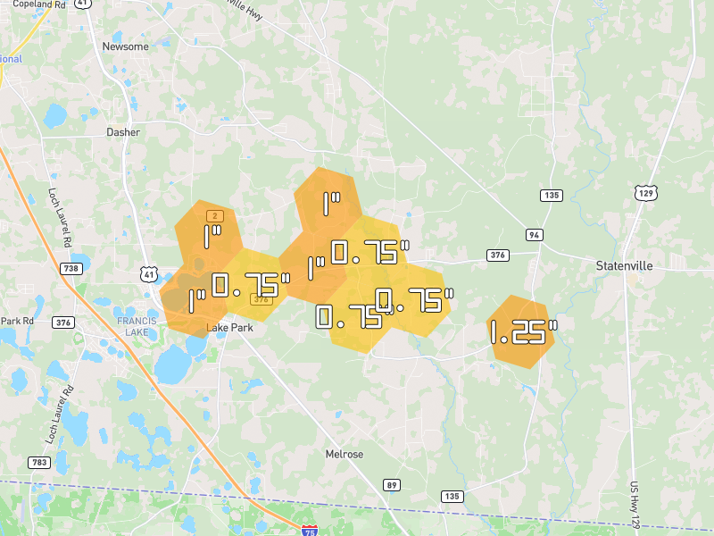 Hail map of Lake Park, GA on Jul 7, 2026, hail up to 1.25"