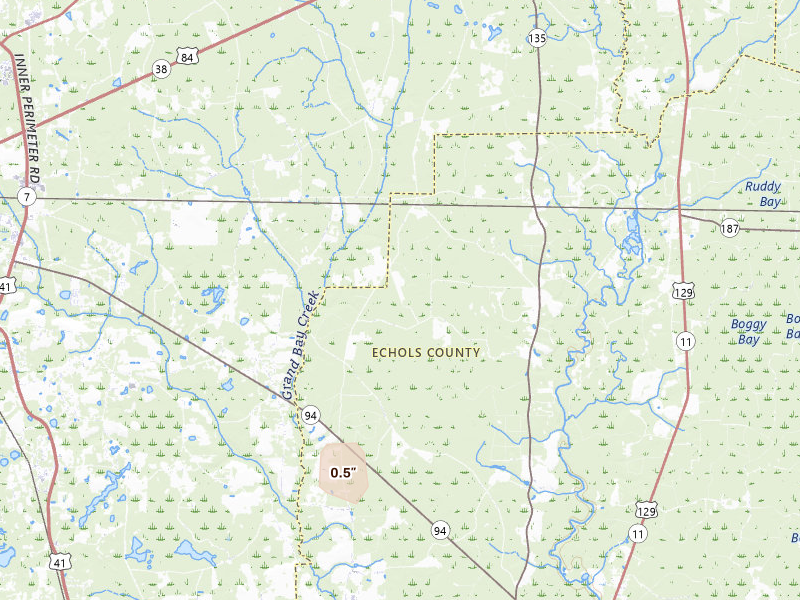 Radar-estimated hail-size map of the storm over Lake Park, GA on Jul 29, 2026