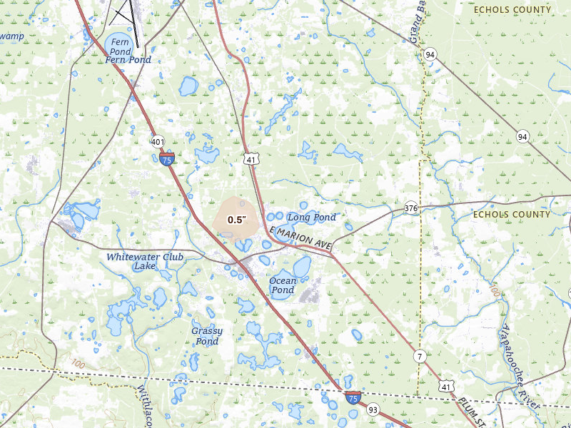 Radar-estimated hail-size map of the storm over Lake Park, GA on Aug 13, 2026