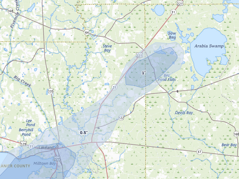NEXRAD radar-signature map of the hail over Lakeland, GA